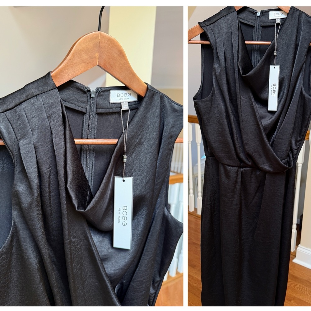 BCBG satin look cowl neck wrap effect dress festive